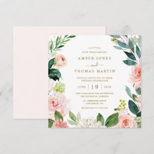 Invitación Boda floral oro con acuarela Blush