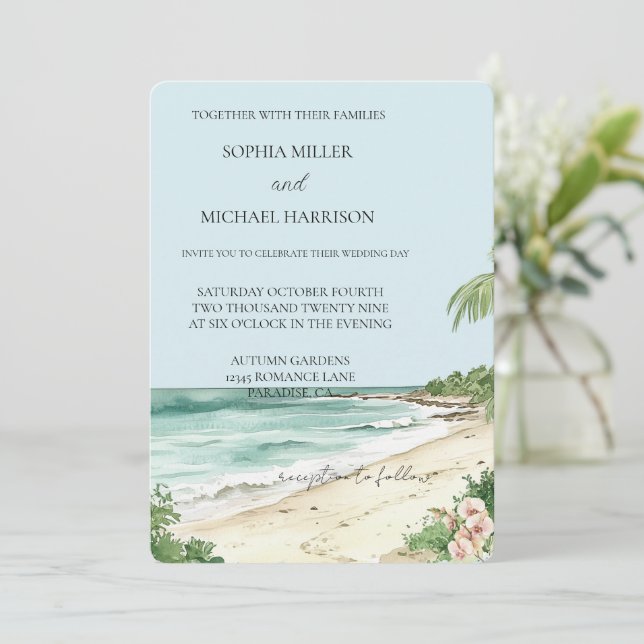 Invitación Boda Floral Orquídea Rosa de Playa Tropical (Anverso de pie)