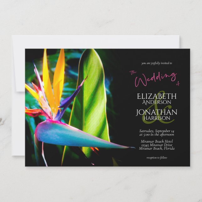 Invitación Boda floral oscura de ave tropical del paraíso (Anverso)