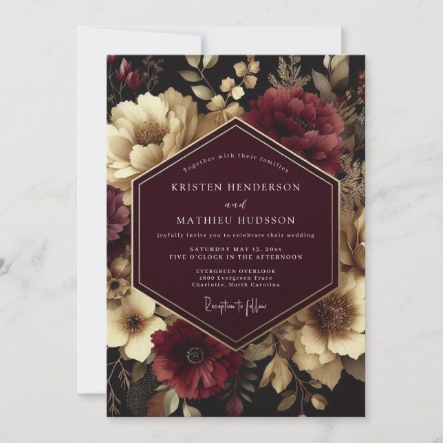 Invitación Boda floral oscura de Borgoña (Anverso)