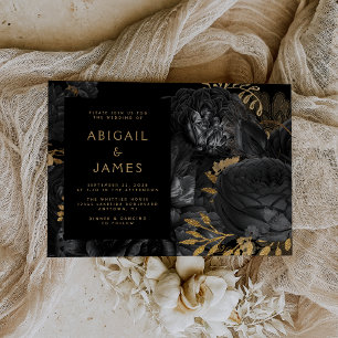 Invitación Boda floral oscura dorada negra elegante y tempera