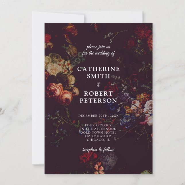 Invitación Boda floral oscura elegante de Borgoña Moody (Anverso)
