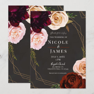 Invitación Boda Floral Oscura Moderna Marrón Rústico y Dorado