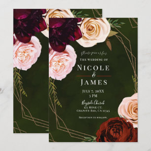 Invitación Boda floral oscura moderna verde esmeralda y dorad
