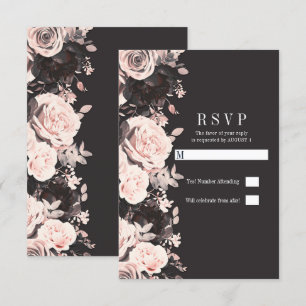 Invitación Boda Floral Oscura Rubor Rosa Carbón Negro RSVP