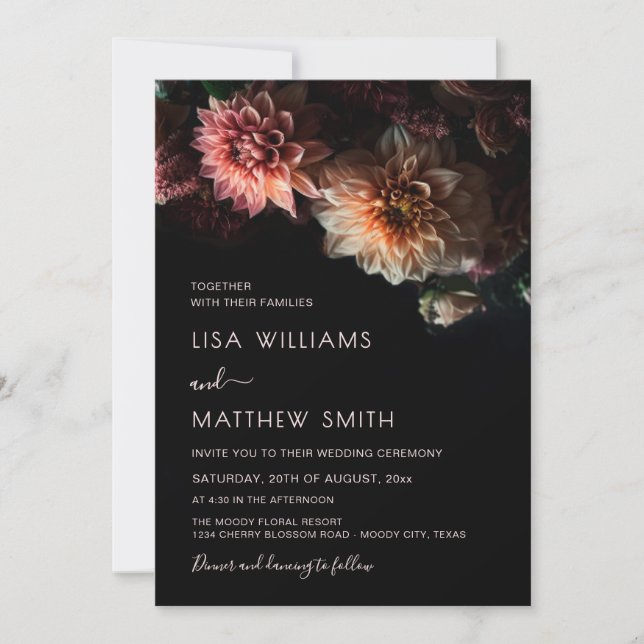 Invitación Boda floral oscura y temperamental | Crisantemo (Anverso)