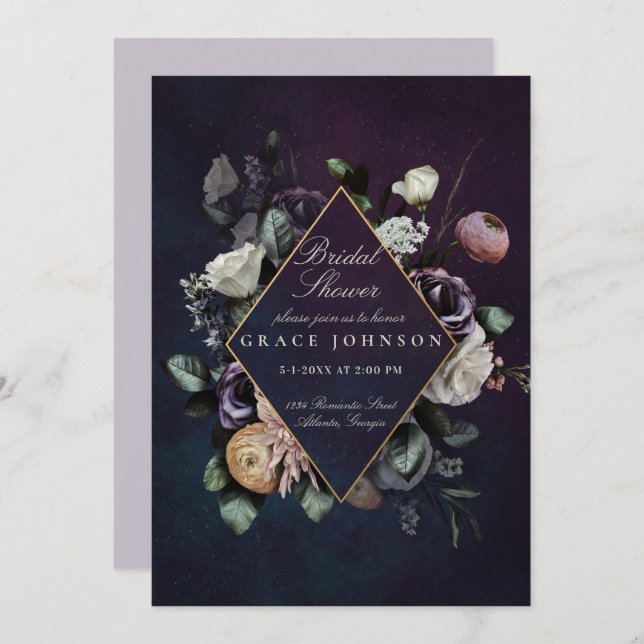 Invitación Boda floral oscuro de Moody Night (Anverso / Reverso)