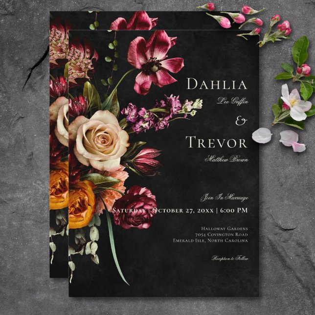 Invitación Boda floral oscuro elegante de otoño (Dark Elegant Autumn Floral Wedding Invitation)