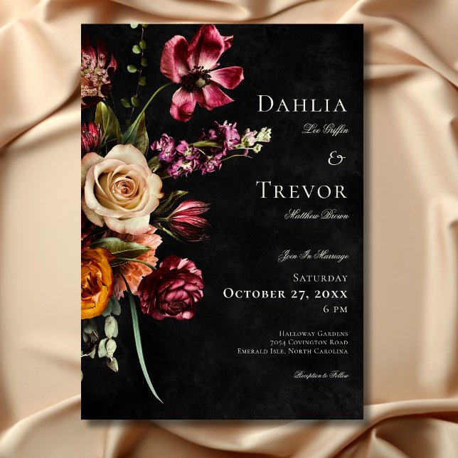 Invitación Boda floral oscuro elegante de otoño (Dark Elegant Autumn Floral Wedding Invitation)