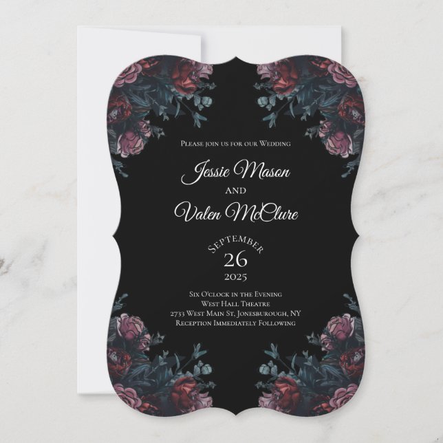 Invitación Boda floral oscuro Gothic Black Elegant (Anverso)