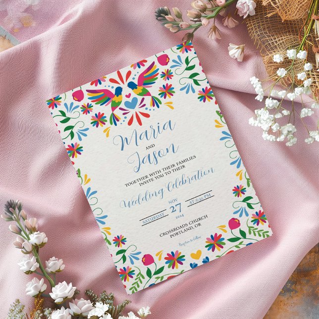 Invitación Boda floral otomí mexicano Tenangos (Mexican Otomi Tenangos Colorful Floral Wedding Invitation)