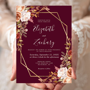 Invitación Boda Floral Otoñal Acuarela Burgundy Marco Dorado