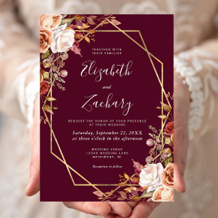 Invitación Boda Floral Otoñal Acuarela Burgundy Marco Dorado