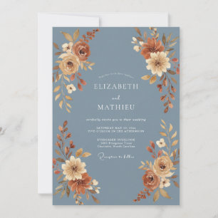 Invitación Boda Floral Otoñal Azul Pizarra