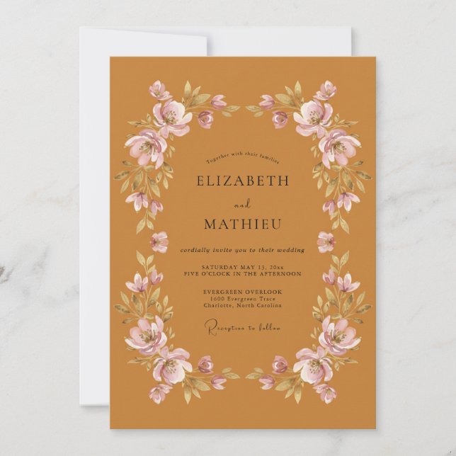 Invitación Boda Floral Otoñal Cálida en Ocre (Anverso)