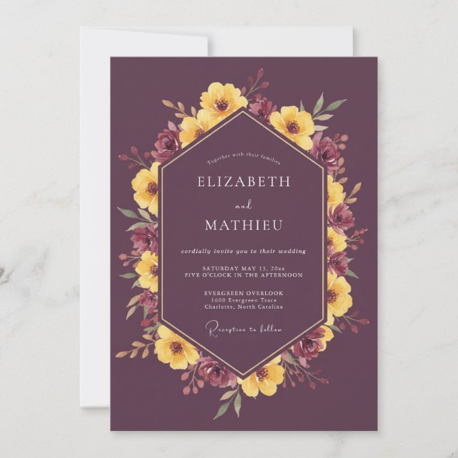 Invitación Boda floral otoñal de ciruela Moody (Anverso)