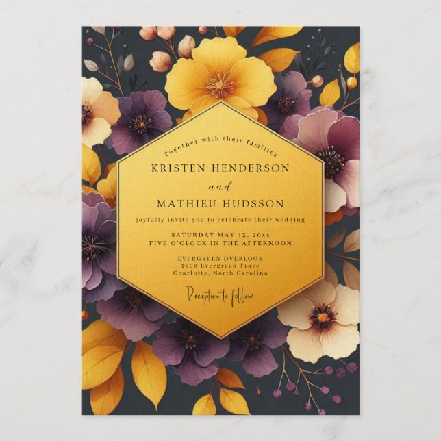 Invitación Boda Floral Otoñal de Ciruela y Ocre (Anverso)