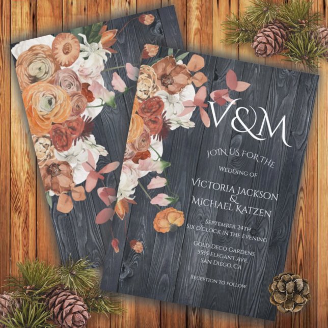Invitación Boda floral otoñal de madera oscura rústica (Subido por el creador)