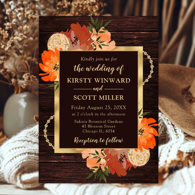 Invitación Boda Floral Otoñal de Madera Rústica y Naranja (Subido por el creador)