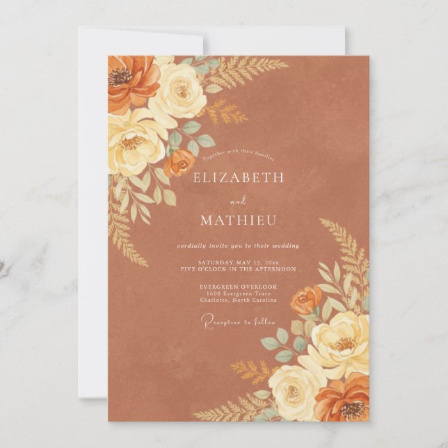 Invitación Boda floral otoñal de terracota (Anverso)