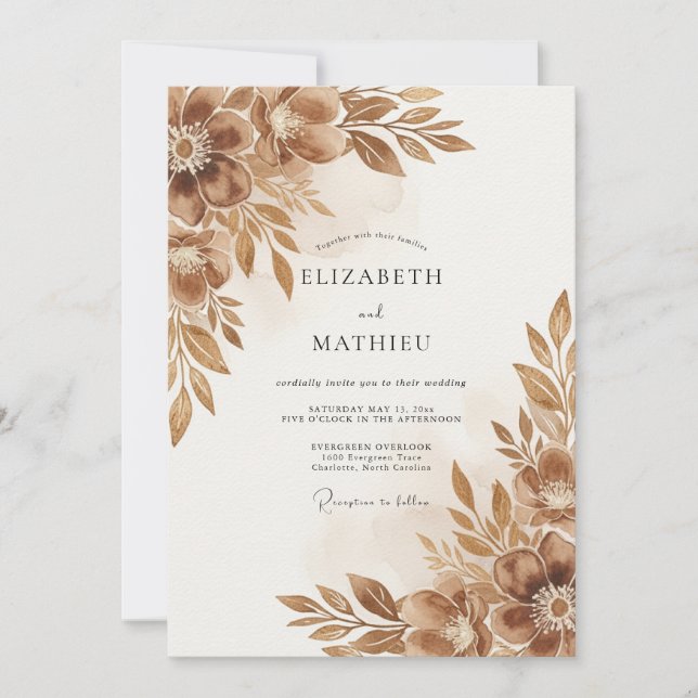 Invitación Boda Floral Otoñal Marrón (Anverso)