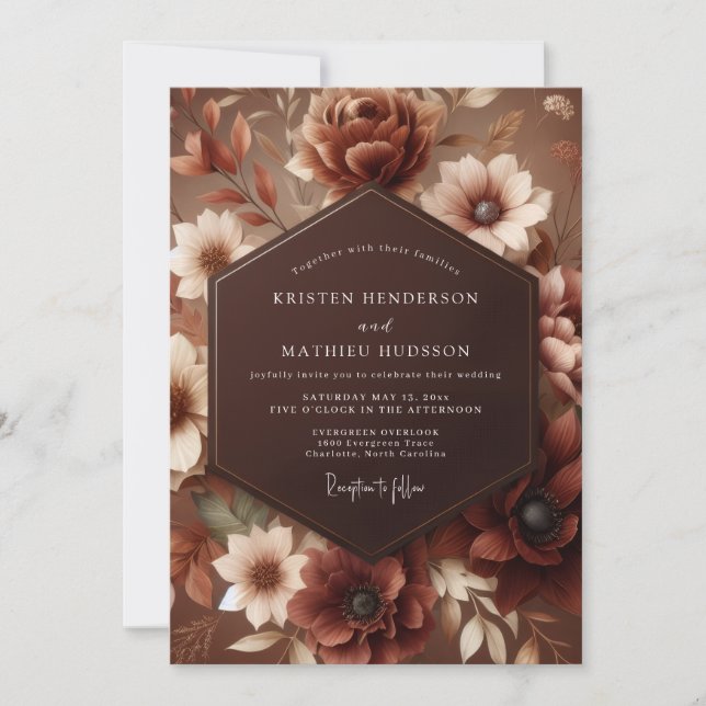 Invitación Boda Floral Otoñal Marrón Malhumorada (Anverso)