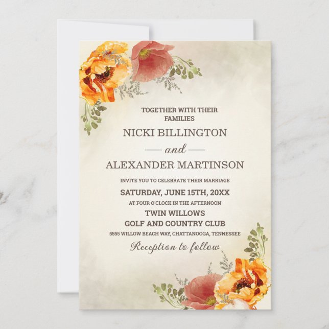 Invitación Boda floral otoñal otoño verde quemado naranja (Anverso)
