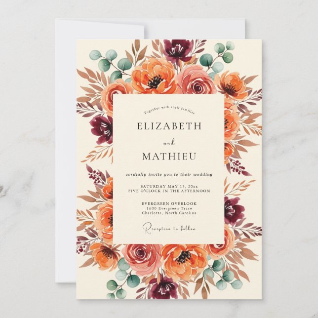 Invitación Boda Floral Otoñal Pintoresca Borgoña (Anverso)