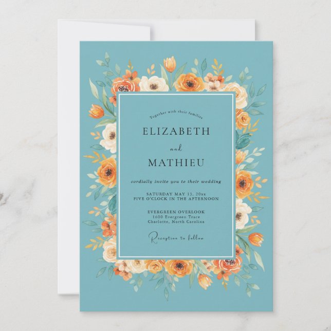Invitación Boda Floral Otoñal Teal Florece (Anverso)