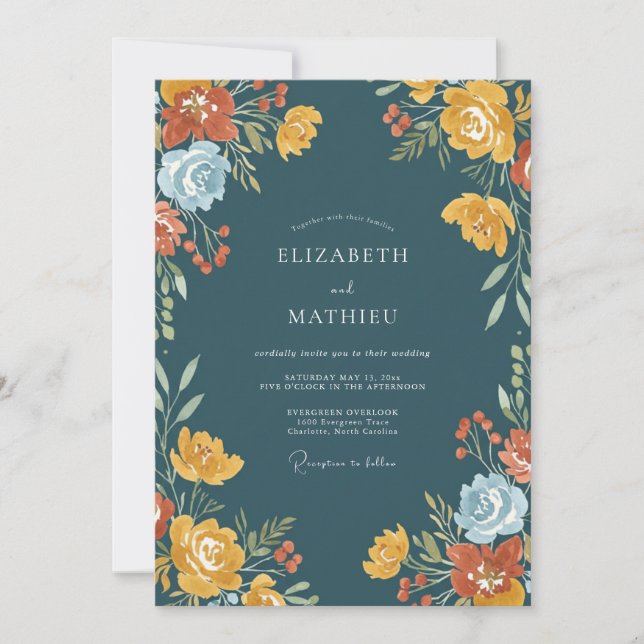 Invitación Boda floral otoñal turquesa (Anverso)