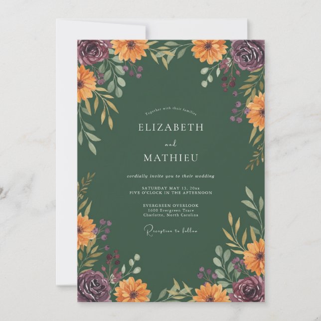 Invitación Boda Floral Otoñal Verde Bosque (Anverso)