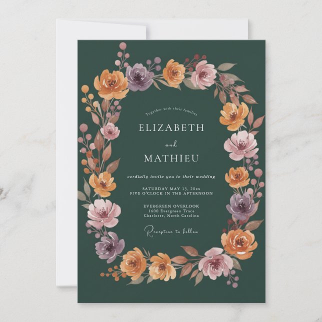 Invitación Boda Floral Otoñal Verde Profundo (Anverso)