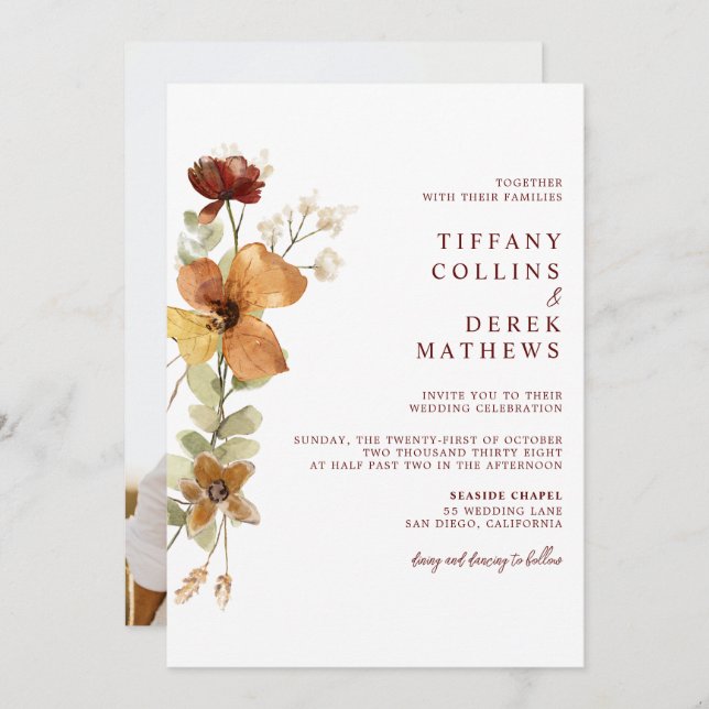 Invitación Boda floral otoño (Anverso / Reverso)