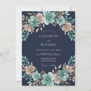 Invitación Boda Floral Otoño Azul Verde
