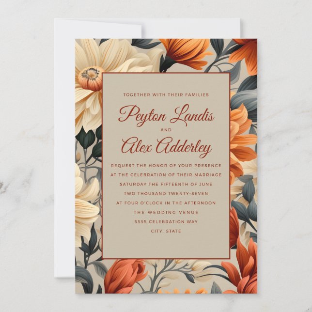 Invitación Boda Floral Otoño Óxido Naranja Quemado (Anverso)
