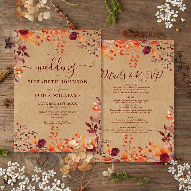 Invitación Boda Floral Otoño Rustica Todo En Uno (Subido por el creador)