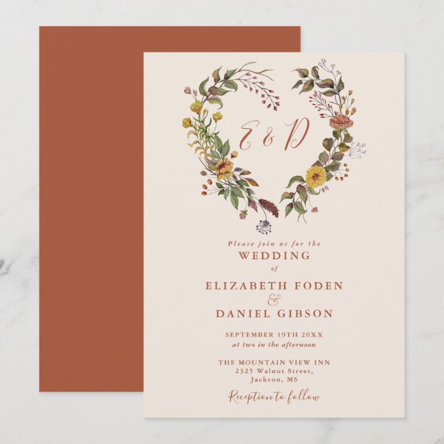 Invitación Boda Floral Otoño Rústico Corazón (Anverso / Reverso)