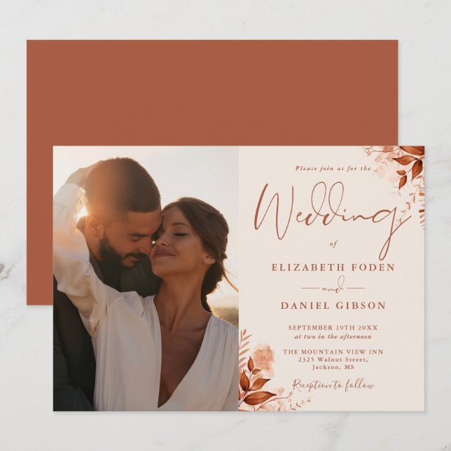 Invitación Boda Floral Otoño Rústico Foto (Anverso / Reverso)