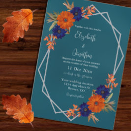 Invitación Boda floral otoño rústico naranja azul marino
