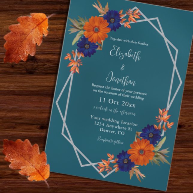 Invitación Boda floral otoño rústico naranja azul marino (Subido por el creador)