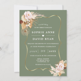 Invitación Boda Floral Otoño Todo En Uno Verde Sage Dorado