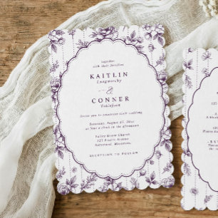 Invitación Boda floral oval vintage francés púrpura