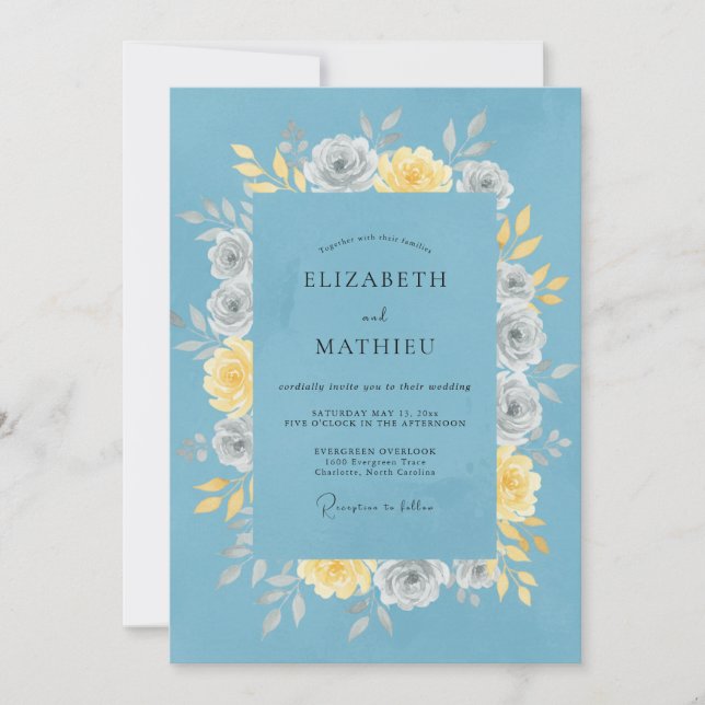 Invitación Boda Floral Pacífico Azul Polvoriento (Anverso)