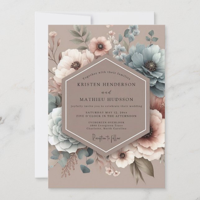 Invitación Boda Floral Painterly Azul Polvoriento (Anverso)