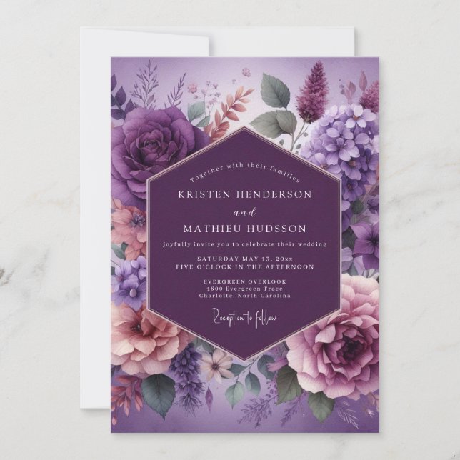 Invitación Boda Floral Painterly Púrpura (Anverso)