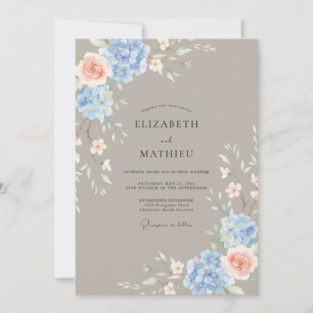 Invitación Boda floral pastel azul (Anverso)