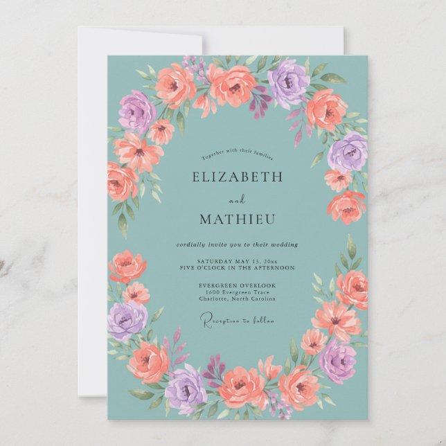 Invitación Boda Floral Pastel Azul Polvoriento (Anverso)
