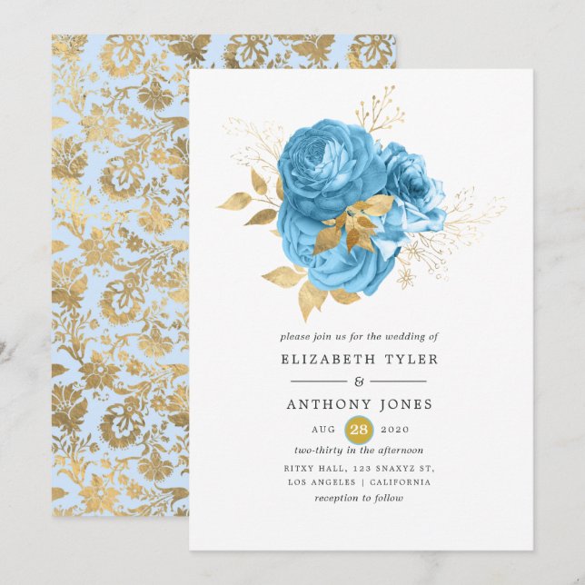 Invitación Boda Floral Pastel Azul y Oro (Anverso / Reverso)