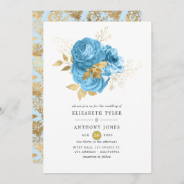 Invitación Boda Floral Pastel Azul y Oro