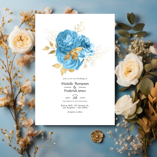 Invitación Boda Floral Pastel Azul y Oro (Subido por el creador)